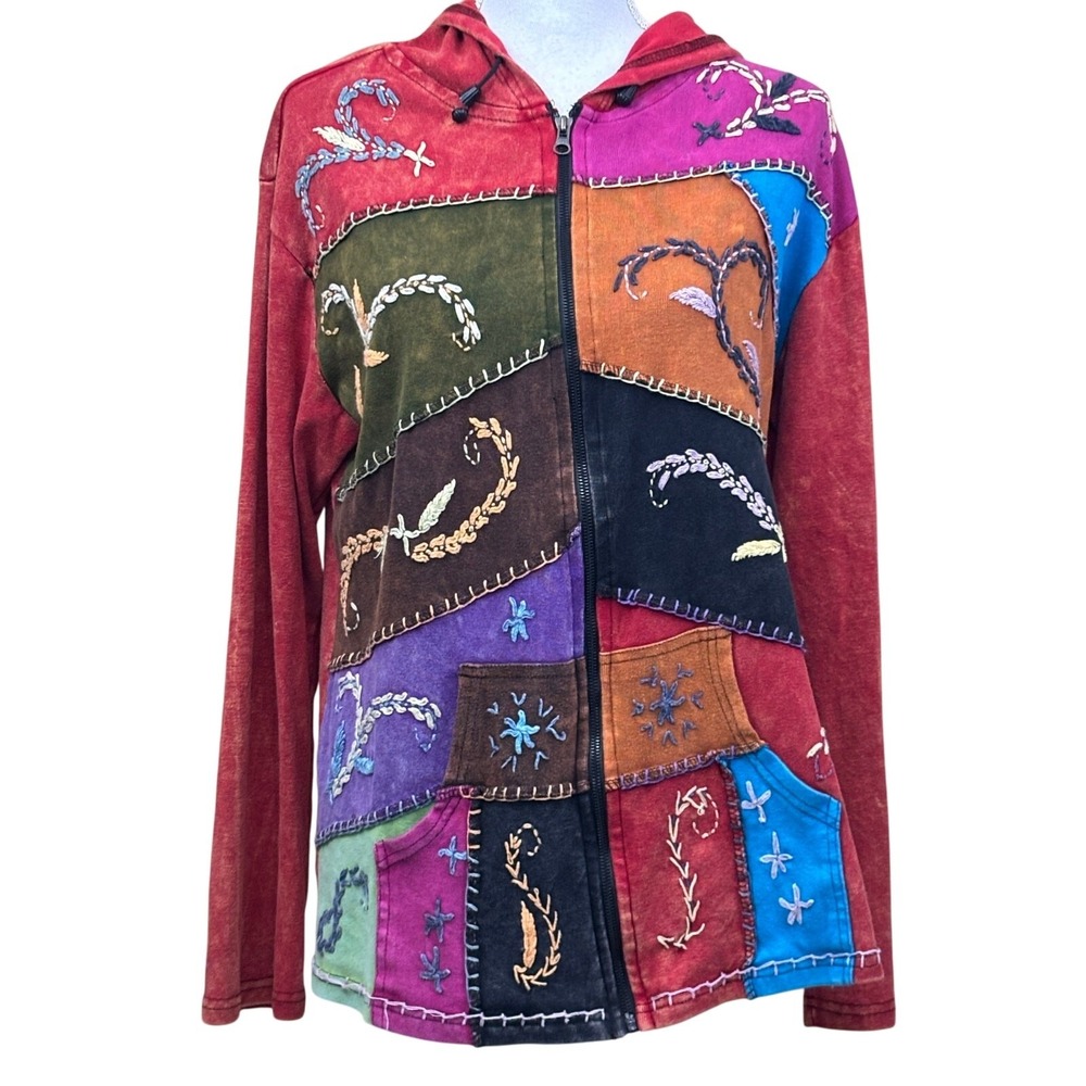 KPC Patchwork Embroidered Boho Zip Up Hoodie Southwestern Festival Hippie M